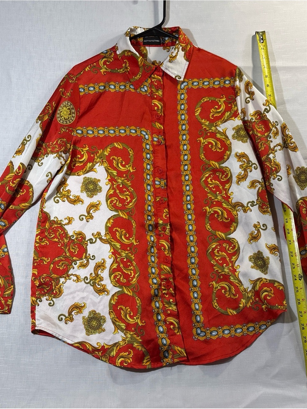 Prettylittlething Size 4 barocco style Butto Up Long Sleeve Red Collared Shirt